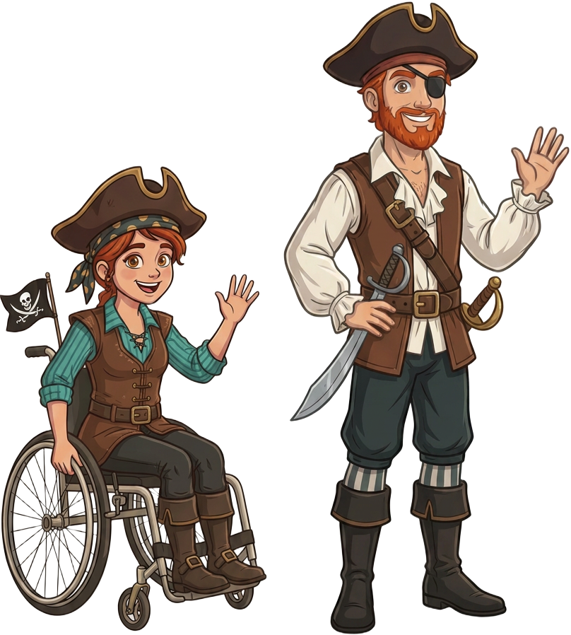 Mascottes Fabio en Viola in piratenkledij